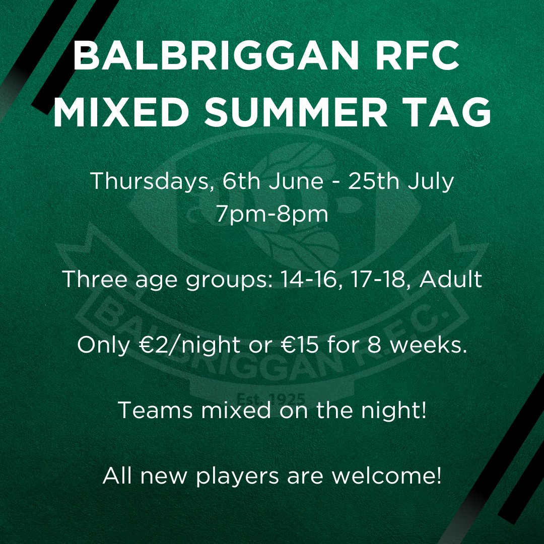 Balbriggan RFC Mixed Summer Tag will be starting on Thursday, June 6th, from 7-8pm until July 25th. €2 a night or €15 for all 8 weeks. Make sure to get down, enjoy the weather, meet new people, get moving, and have fun! Everyone is welcome and no experience is necessary! 🐝