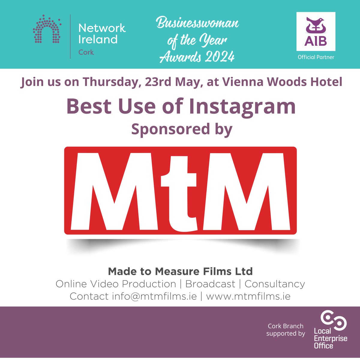 Thank you to our sponsor,@MtMfilmsLtd, for supporting the best use of Instagram on the night! ⏳One week until the 2024 Businesswoman of the Year Awards! Tickets close Sunday the 19th at MIDNIGHT: bit.ly/44hfBkv #NetworkIreland #NetworkCork #supportedbyAIB