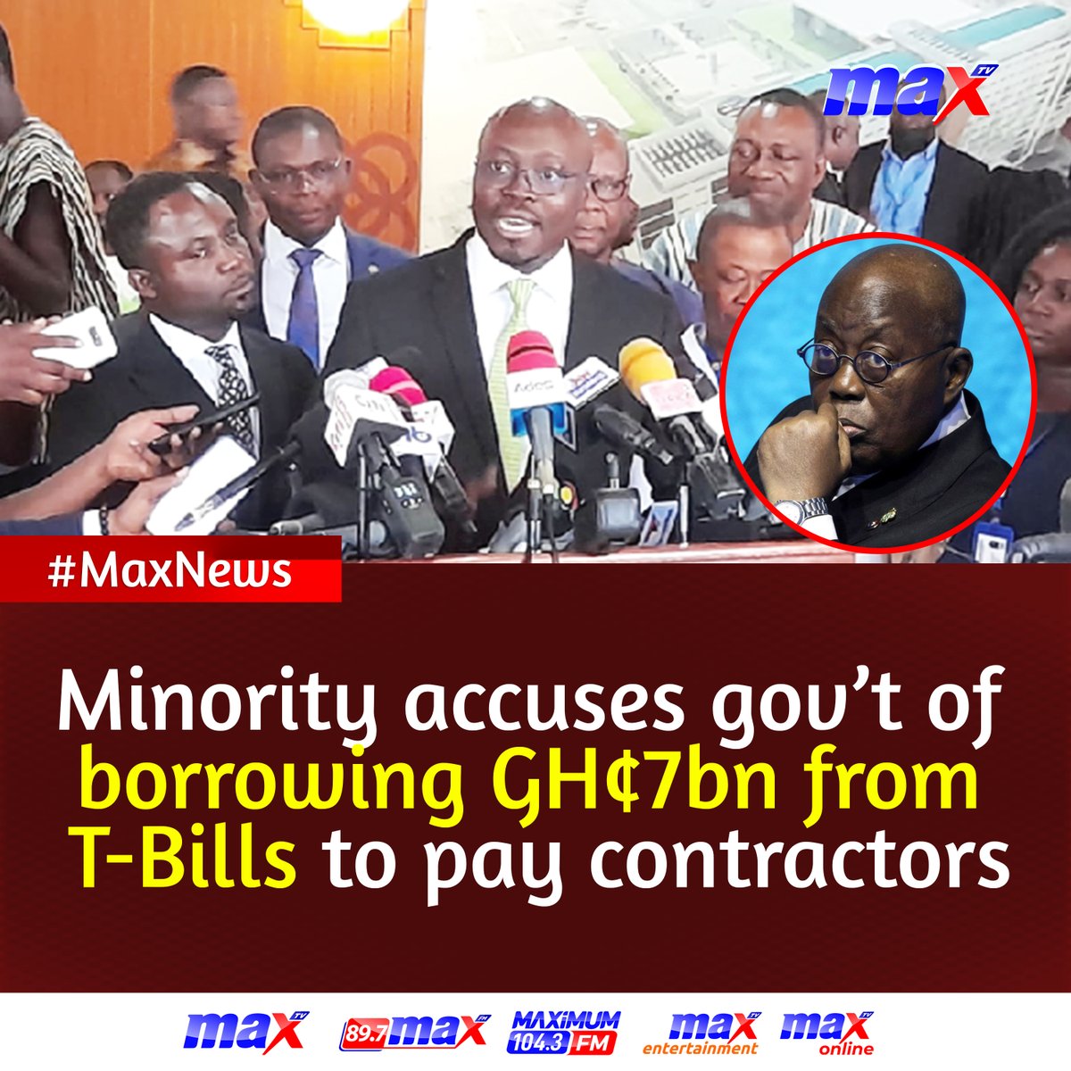Minority accuses gov't of borrowing GH¢7bn from T-Bills to pay contractors.

#MaxTV #MaxNews #MaxOnline