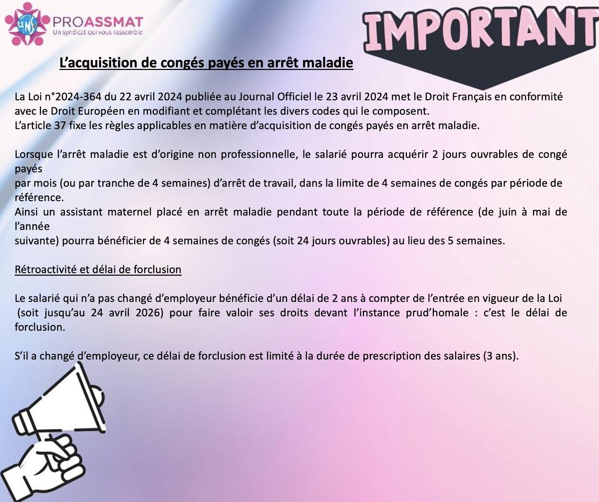 Pour tout savoir sur l'acquisition des congés payés en arrêt maladie.
unsaproassmat.org
#assmat 
#AssistanteMaternelle
#congéspayés
#arrêtmaladie