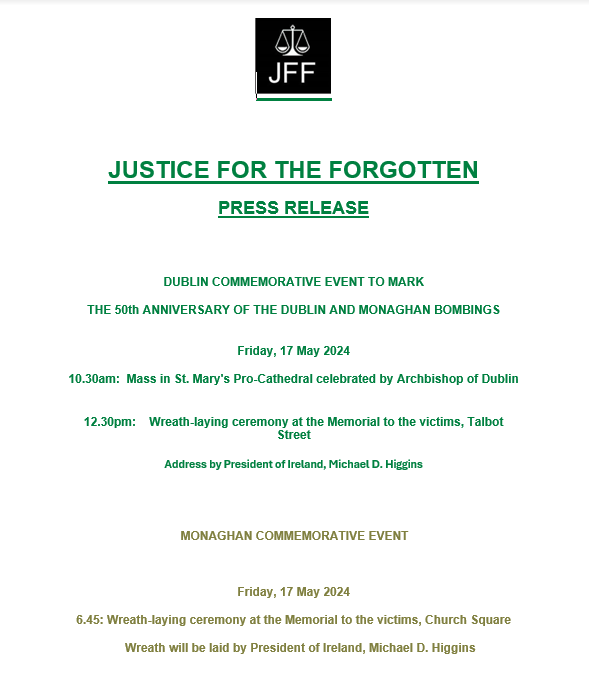 Press Release: Schedule of events for tomorrow to commemorate the 50th anniversary of the Dublin & Monaghan Bombings