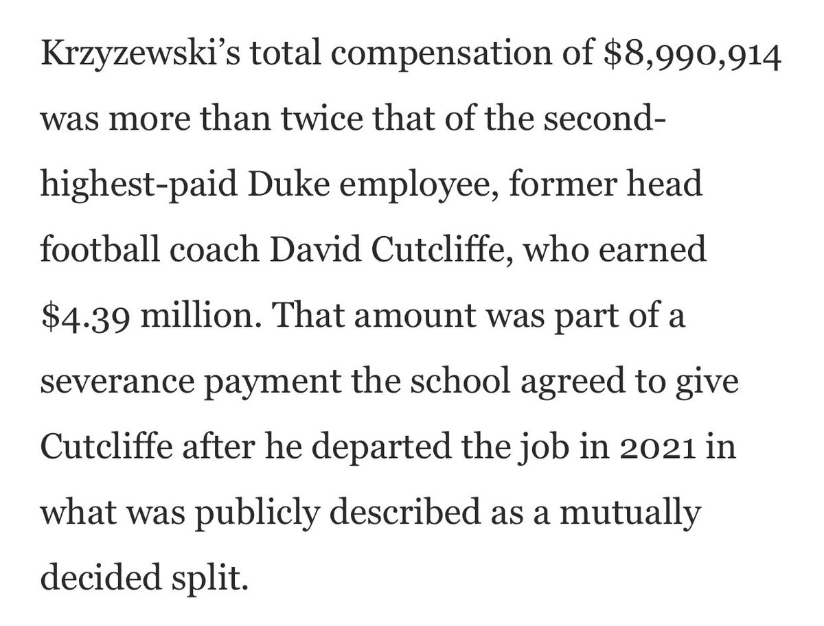 In fiscal year 2023, Duke paid more than a combined $13 million to *former* coaches Krzyzewski and Cutcliffe, neither of whom producing value for the university at that time. Meanwhile, players remained uncompensated by the institution for their work. sportico.com/leagues/colleg…