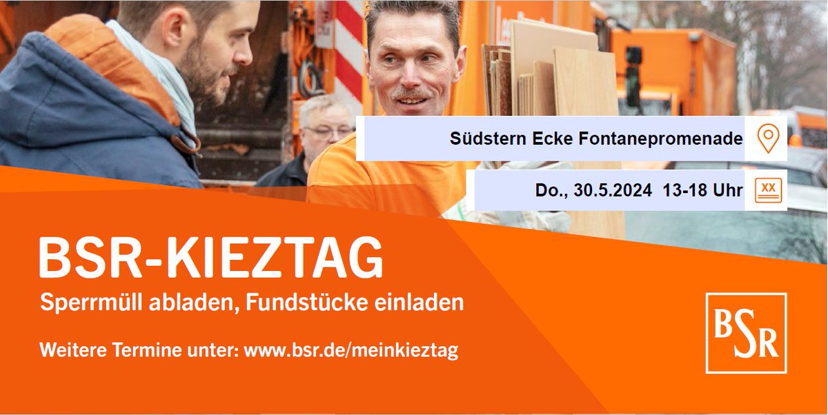 Mit der @BSR_de veranstaltet das @BA_Xhain BSR-Kieztage zur haushaltsnahen Entsorgung von #Sperrmüll und anderen Wertstoffen. Der nächste Kieztag findet am 30. Mai, 13-18 Uhr am Südstern Ecke Fontanepromenade in #Xhain statt. Mehr Infos ➡️ BSR.de/MeinKieztag.