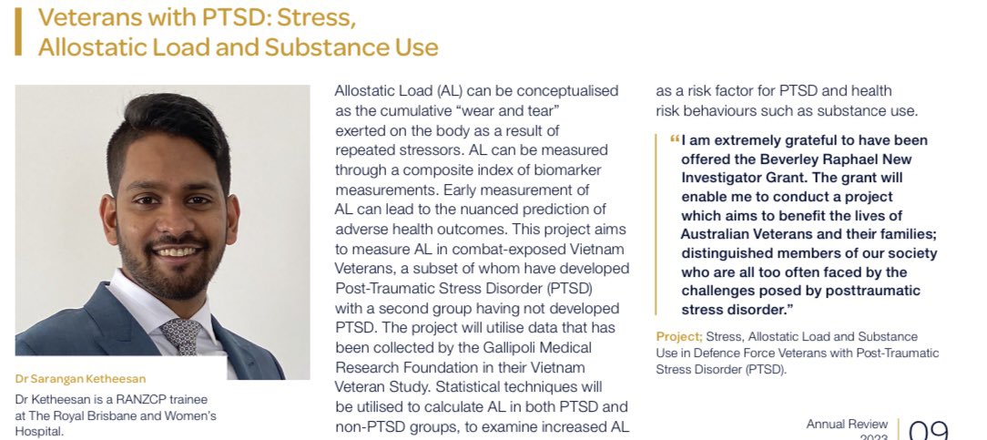 Extremely grateful for being awarded the Beverley Raphael New Investigator Grant by the @RANZCP Foundation. The grant will enable me to complete a project on #allostaticload , #PTSD and #substanceuse in veterans.