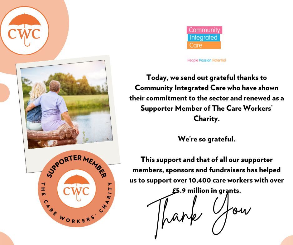 🎉Our grateful thanks goes out to @ComIntCarewho have shown their commitment to the sector and renewed as a Support Member of The Care Workers’ Charity 😍 We’re so thankful #ThankYou #SupporterMember #CareProviders #CareWorkers #ThankYouThursday #TheCareWorkersCharity