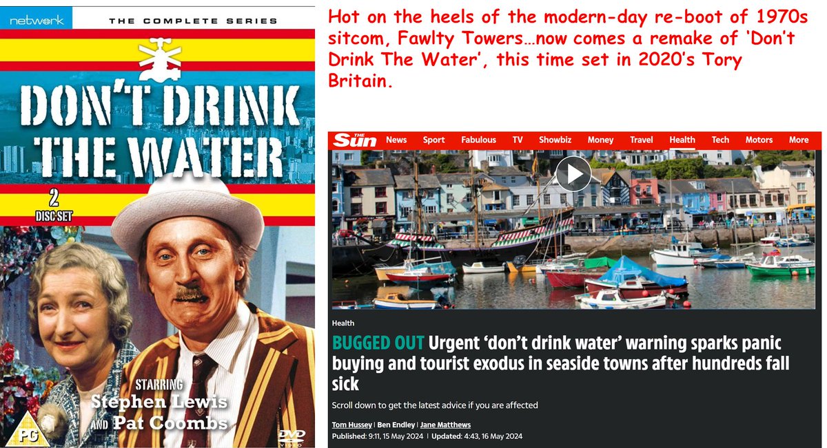 Hot on the heels of the modern-day re-boot of 1970s sitcom, Fawlty Towers…now comes a remake of ‘Don’t Drink The Water’, this time set in 2020’s Tory Britain. #toriesout #toriesbrokebritain #torysewageparty #renationaliseWater