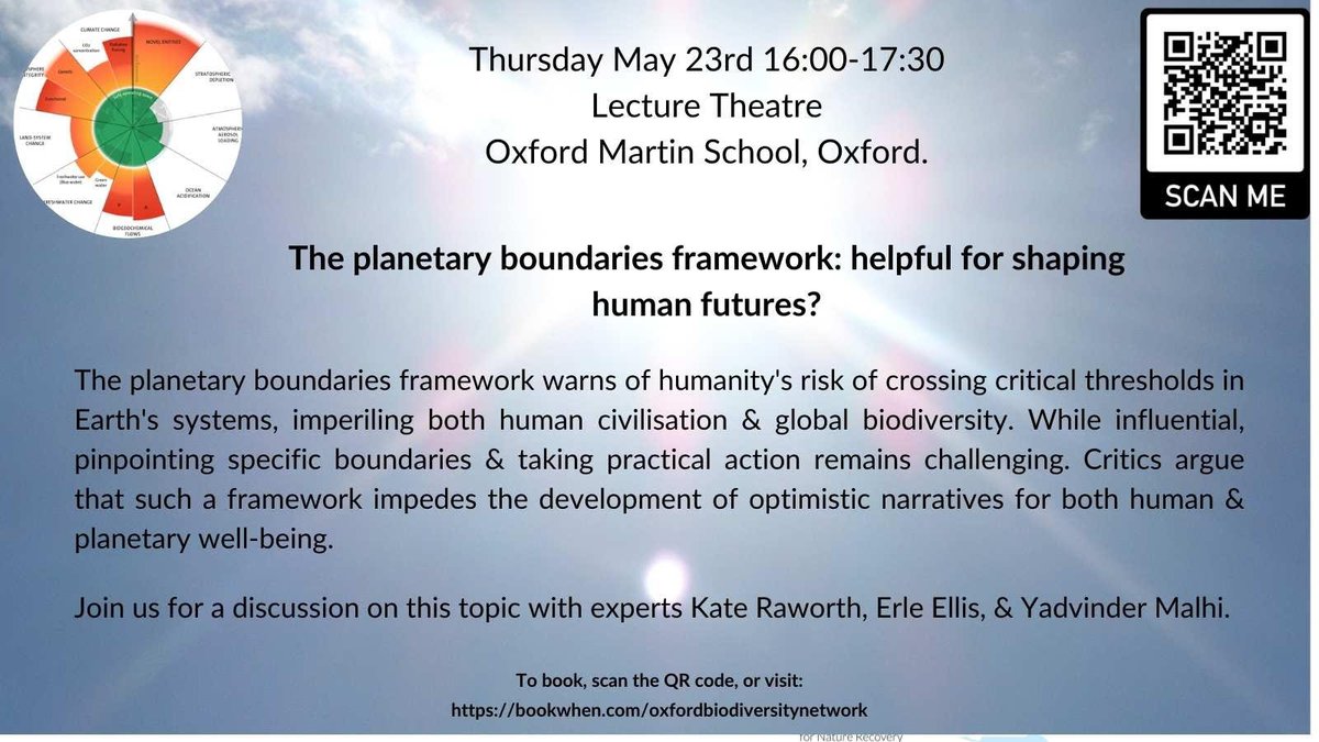 Are planetary boundaries a helpful framework for shaping human futures? I'm really looking forward to discussing this with @erleellis and @ymalhi - do join us, in person in Oxford, or online everywhere, Thurs 23 May, 4-5.30pm UK time. #planetaryboundaries