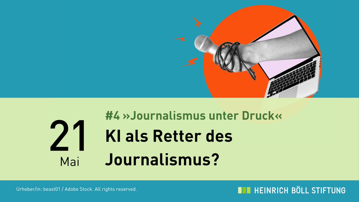 🟢 Jetzt anmelden »#KI als Retter des Journalismus?« aus der Reihe »#Journalismus unter Druck« mit @stephanweichert (@VoiceOfVocer), Sascha Devigne (@studio47live), Marie Todeskino (@ippendigital), @oler (@SPIEGEL_Gruppe) und Vera Linß. Alle Infos ➡️ calendar.boell.de/de/event/4-jou…
