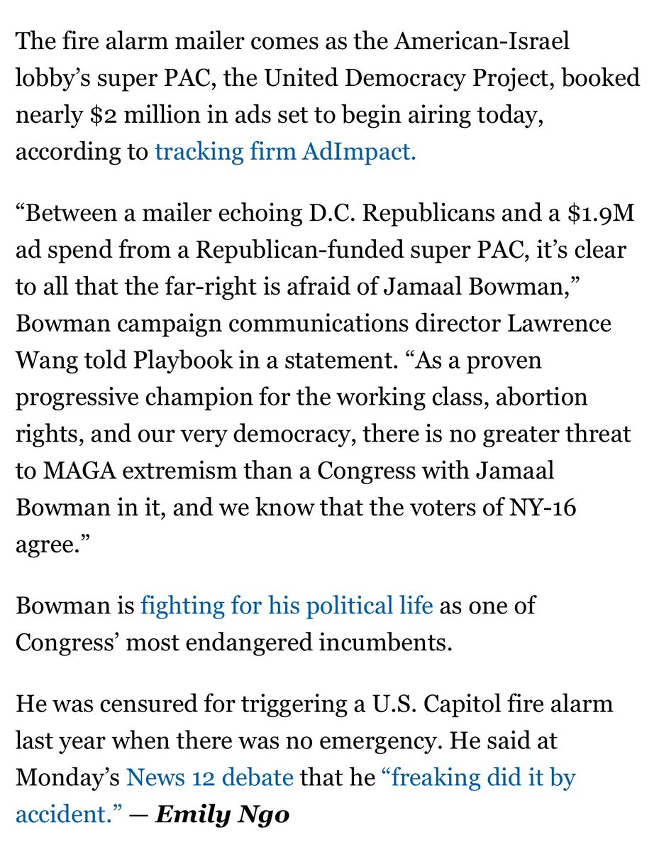 On this fire-alarm attack mailer in the @JamaalBowmanNY @LatimerforNY primary (and the new super PAC behind it). My look for Playbook —> politi.co/3QMJ8gk via @politico