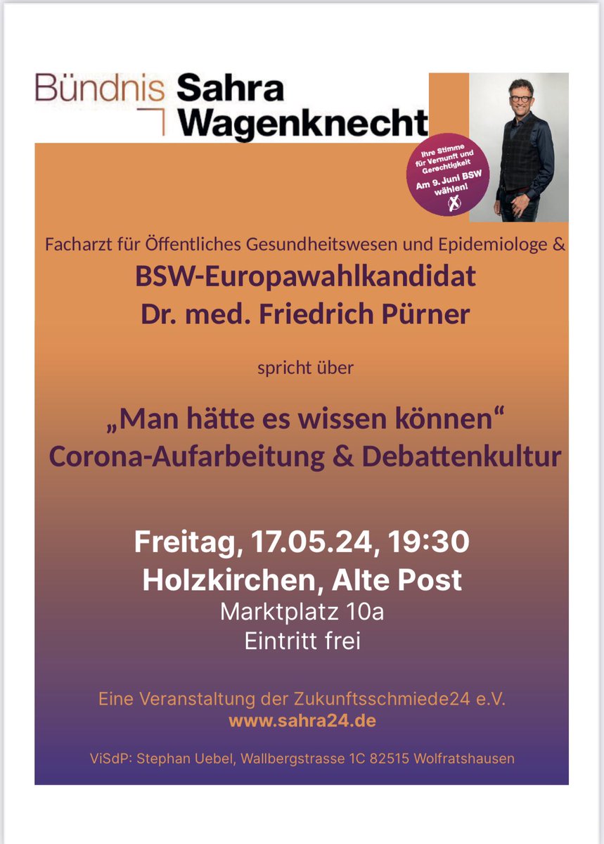 Herzliche Einladung nach #Holzkirchen! Dort habe ich mal gewohnt, aber lang lang ist es her. Auf diesen Vortrag und auf tolle Gespräche mit den Gästen freue ich mich sehr. @Buendnis_SahraW #Aufarbeitung #RichtigErinnern #BSW