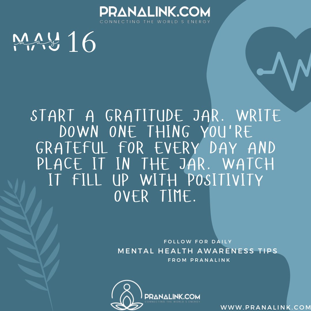 🌟 May is Mental Health Awareness Month! 🌟
💙🙏 Let's prioritize our mental well-being every day. 🙏💙

Day 16: Start a gratitude jar. Write down one thing you're grateful for every day and place it in the jar. Watch it fill up with positivity over time. 🌈

#GratitudeJar