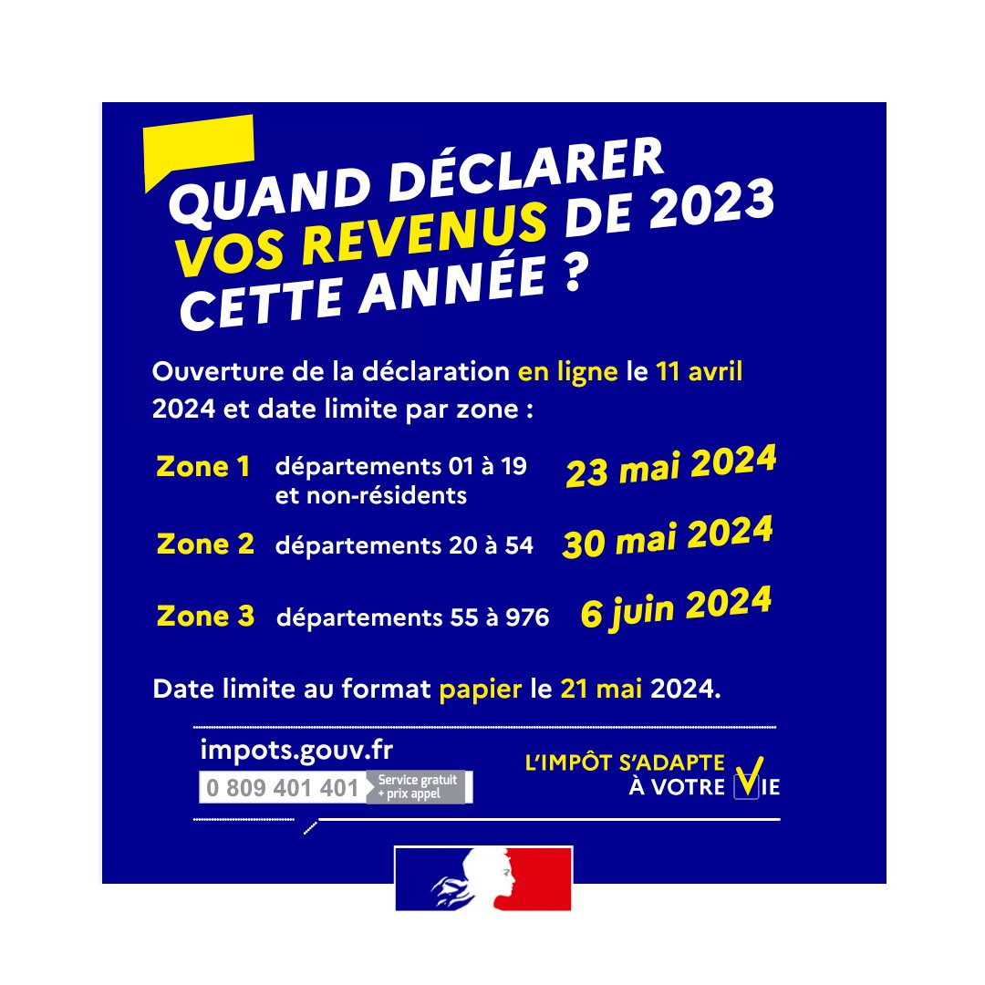 📆 #Rappel déclaration de revenus en ligne | Calendrier des dates limites par zone. 💡 Retrouvez toutes les infos pratiques sur notre site 👉 impots.gouv.fr/www2/minisite/… #Calendrier #Impôts #ServicePublic