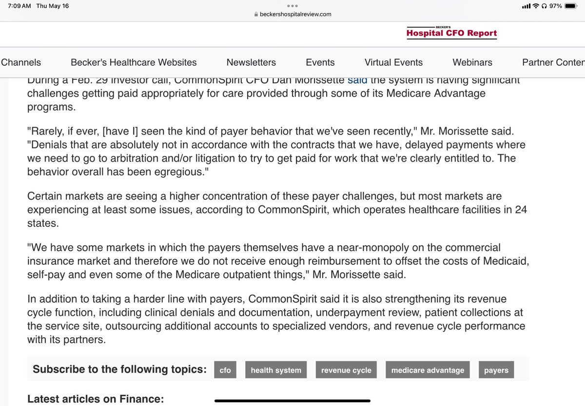Ed Gaines (@edgainesiii) on Twitter photo The 5+ yr CFO of <a href="/commonspirit/">CommonSpirit Health</a> states that the health plan denials are like nothing he’s seen previously, rendering the 142 hospital system to resort to litigation/arbitration for resolution. Plus his system & its 11 hospitals in #CO recently have terminated their contract w/ The 5+ yr CFO of <a href="/commonspirit/">CommonSpirit Health</a> states that the health plan denials are like nothing he’s seen previously, rendering the 142 hospital system to resort to litigation/arbitration for resolution. Plus his system & its 11 hospitals in #CO recently have terminated their contract w/