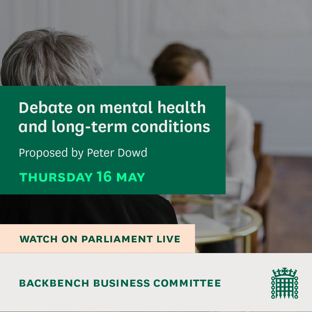 In Westminster Hall, MPs are holding a debate on mental health and long-term conditions, proposed by @Peter_Dowd. 📚Read the @commonslibrary debate pack: commonslibrary.parliament.uk/research-brief… 📺Watch on Parliament live: parliamentlive.tv/Commons