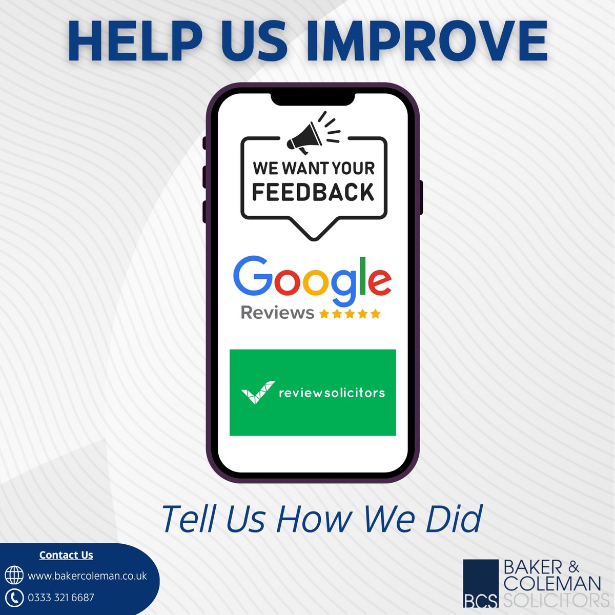 Baker_Coleman's tweet photo. Your feedback fuels our commitment to excellence!

Leave your review on Google or Review Solicitors and help us shape the future of our services.

Your insights are invaluable in our journey toward continuous improvement.

#bakerandcoleman #testimonial #feedback #clientreview https://t.co/45oGgKV3LV