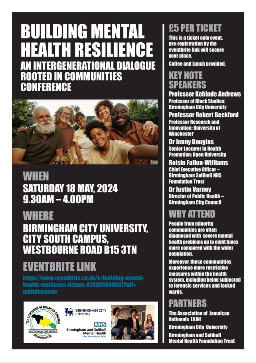 This Saturday @MyBCU with talks by @kehinde_andrews @jenny_douglas1 @DrJV75 Professor Robert Beckford, Roisin Fallon-Williams #MentalHealthAwarenessWeek eventbrite.co.uk/e/building-men…