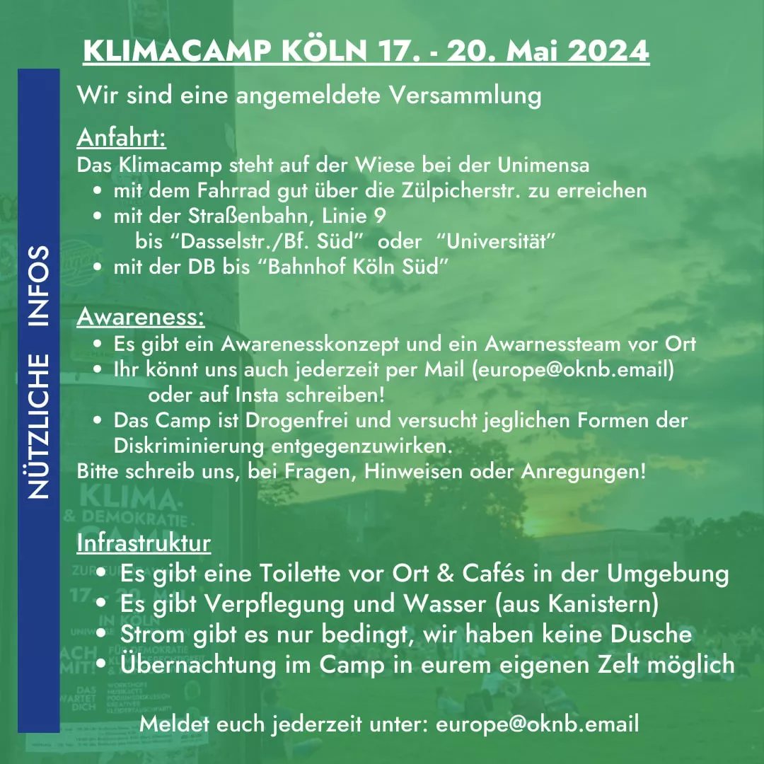 In Köln hat <a href="/sff_koeln/">Students for Future Köln</a> und <a href="/FFF_Koeln/">Fridays For Future Köln</a> ein Klima- &amp; Demokratiecamp auf die Beine gestellt. Das Prgramm seht ihr hier.
Kommt vorbei! 
Am Montag geht dann unser Protest bis Brüssel los. ✊
#Europawahl