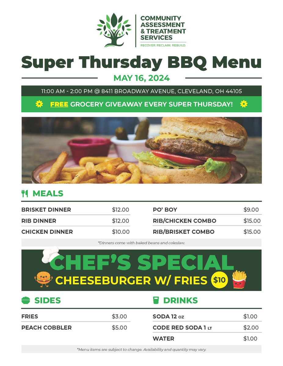 TODAY is our third SUPER THURSDAY BBQ FUNDRAISER OF 2024!

FREE GROCERY GIVEAWAY AT EVERY SUPER THURSDAY BBQ!

*** These mini fundraisers help purchase &amp; maintain exercise equipment, 12-step materials, and other items for use by our residential clients. ***

#bbq #fundraiser