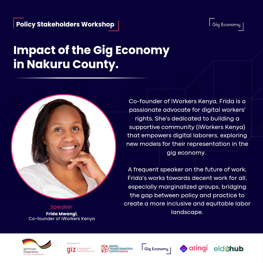 Frida from @iWorkersKe, a champion for digital workers' rights will be speaking at the Policy Stakeholders Breakfast Workshop on the Impact of the Gig Economy in Nakuru County. 🚀 📆Friday, 17th May 2024 ⌚10:00AM 📍St Mary's Pastoral Center RSVP - bit.ly/gigeconomyNaks