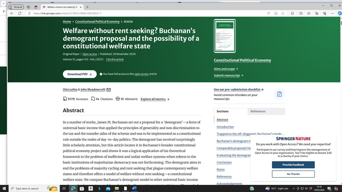 In this article published in Constitutional Political Economy, John Meadowcroft, of @Kingspol_econ, and @Otto_Lehto discuss James Buchanan's proposal for a form of universal basic income. Do take a look! link.springer.com/article/10.100…
