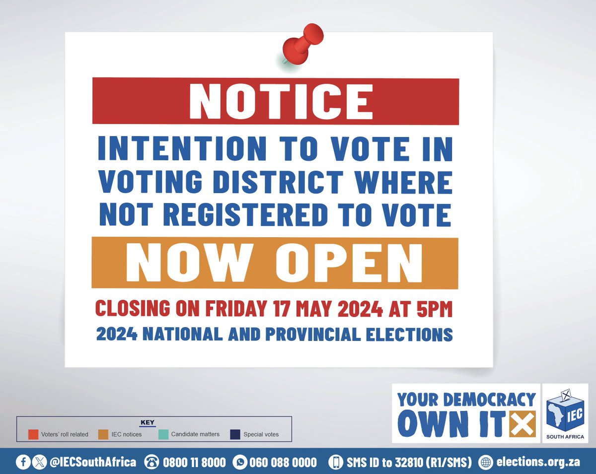 IECSouthAfrica's tweet photo. ๐Don't forget: You must vote where you're registered. Notify the IEC by tomorrow, 17 May, if you need to vote elsewhere on 29 May. Visit https://t.co/Vgr31uhql1 to notify.
โ
Share this important message with your network! #SAelections24 #EveryVoteCounts #Sec24AVote