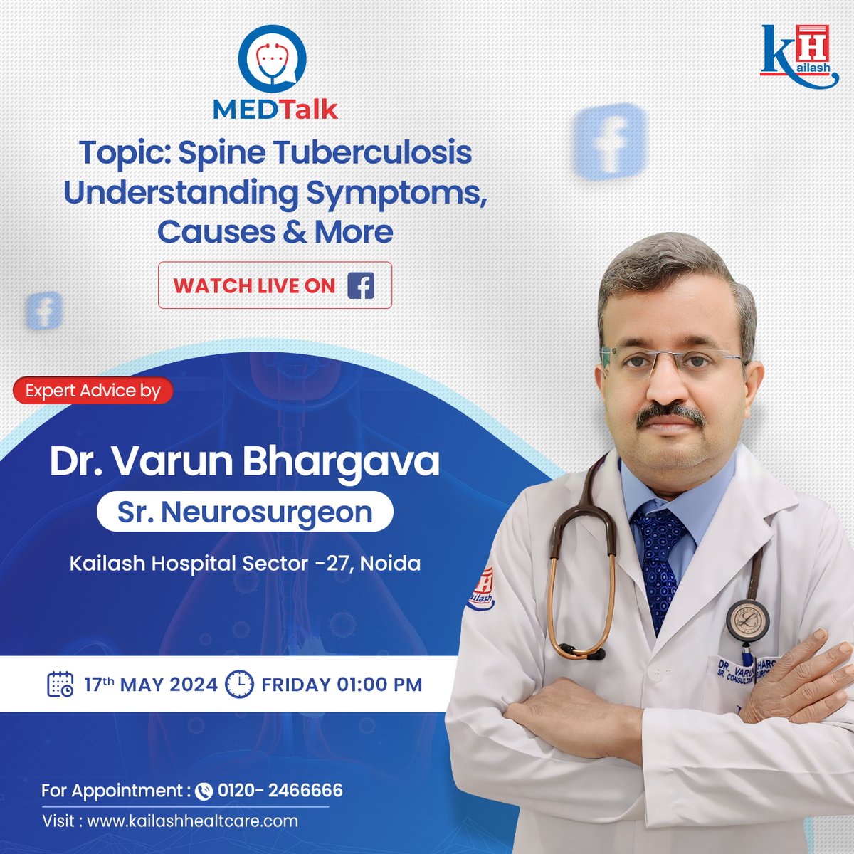 #MedTalk: Mark your calendars for a live session with Dr. Varun Bhargava, our esteemed Neurosurgeon, on 17th May at 1 PM. Tune in to learn more about Spine Tuberculosis and get your questions answered!

Consult our Neuro Specialist: kailashhealthcare.com/Noida27-Neuros…...

#LiveSession