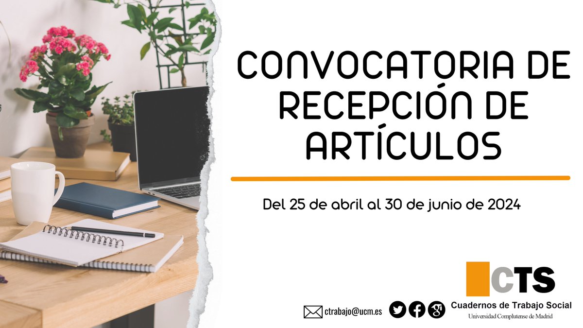 La revista de nuestra Facultad, <a href="/CuadernosTS/">Cuadernos de Trabajo Social</a>, ha abierto el plazo de recepción de artículos y reseñas hasta el próximo 30 de junio de 2024. 
revistas.ucm.es/index.php/CUTS…
Si tenéis dudas podéis escribir al correo📩ctrabajo@ucm.es