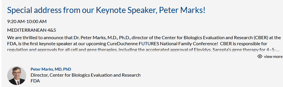 $SRPT no news yet... But it is very close!

I doubt to see Dr. Marks attending the large CureDuchenne conference on May 24th & no #Elevidys approval yet!

'We’re also honored to include Dr. Marks as our keynote speaker, allowing  families to hear the latest on approvals directly