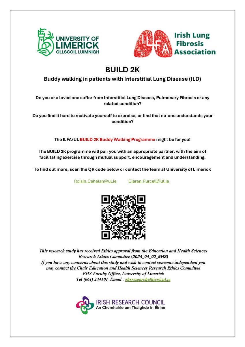 Recruiting now for the BUILD 2K Buddy walking project for people with #ILD #PulmonaryFibrosis. People of all levels of physical ability welcome. Details below. @IrishResearch @ILFA_Ireland @PAfH_UL @UL @EHS_Research @CPRC_ISCP
