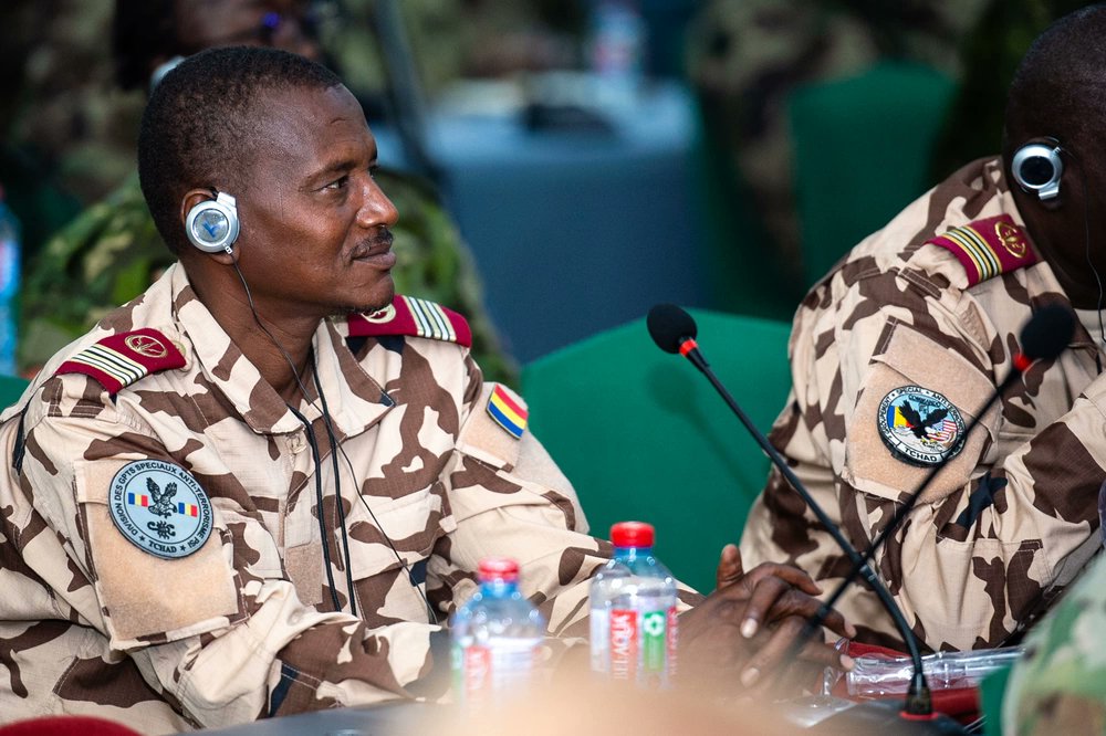 Members from the Chadian Armed Forces listen to opening remarks for #Flintlock24 during the opening ceremony at the Combined Joint Special Operations Task Force Headquarters in Accra, Ghana, May 13, 2024.