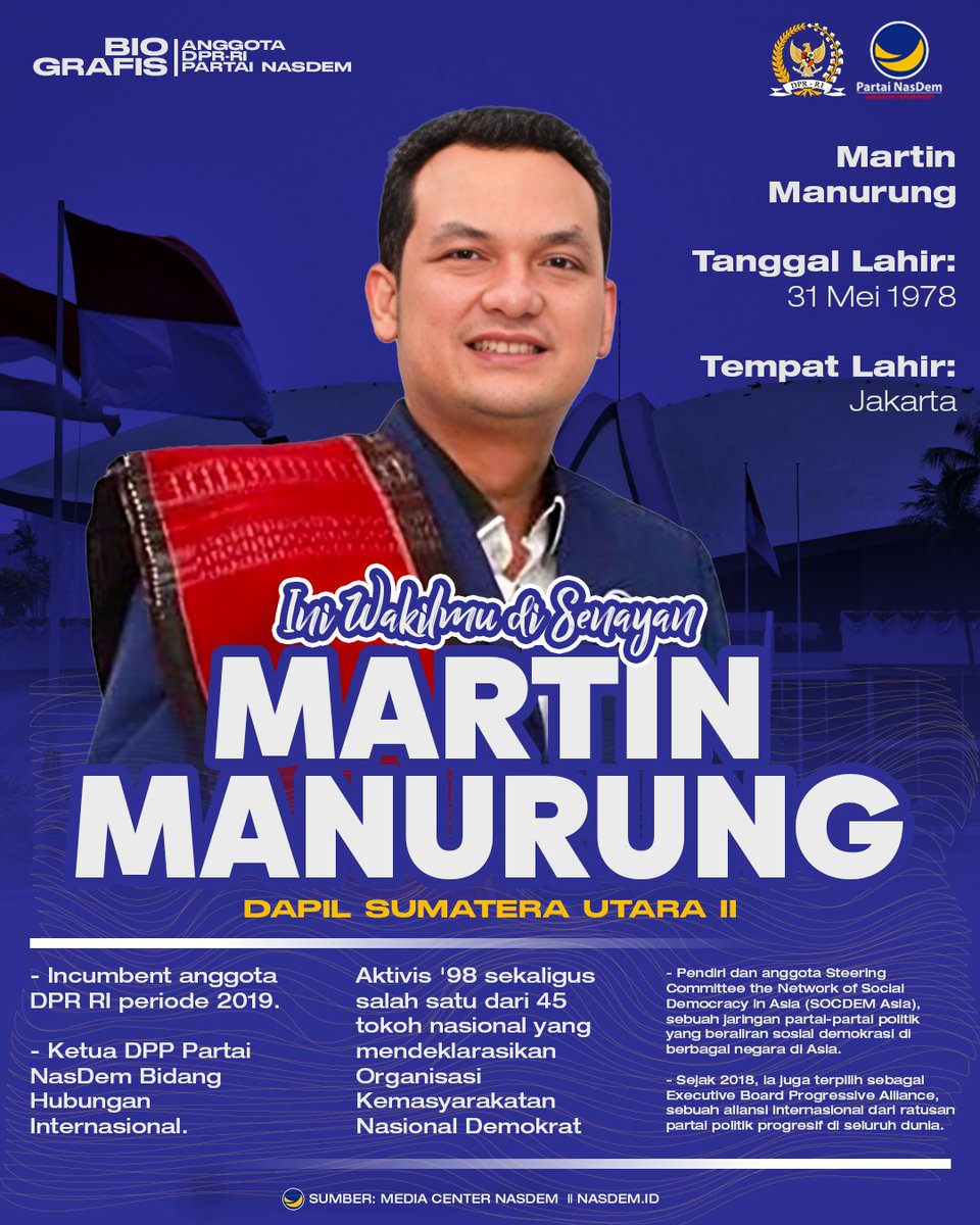Ini dia wakilmu di Senayan: 𝗠𝗮𝗿𝘁𝗶𝗻 𝗠𝗮𝗻𝘂𝗿𝘂𝗻𝗴 Kakak Martin Manurung merupakan salah satu kader terbaik dari Partai NasDem yang kembali lolos ke Parlemen DPR RI. Ketua DPP NasDem yang menang dari dapil Sumatera Utara II akan terus menyuarakan aspirasi masyarakat dan