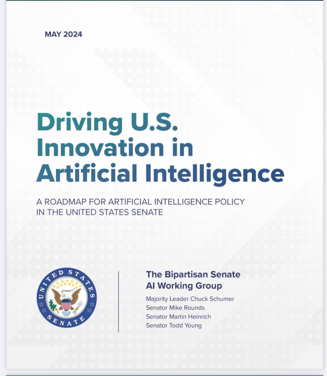 Driving #USA #Innovation in #ArtificialIntelligence: A Roadmap for #AI #Policy in e #UnitedStates Senate-@SenateFloor

#Bigdata #GenAI #AIEthics #AIbias #AIregulation #AIgovernance #FinTech #Finserv #Automation #Regulation #Regtech #Futureofwork

@bamitav

schumer.senate.gov/imo/media/doc/…