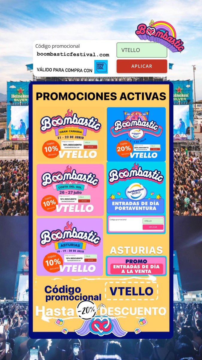 VictorTello25's tweet photo. Consigue hasta 20% DESCUENTO en BOOMBASTIC FESTIVAL 2024
👉 Código promocional: VTELLO
🔗Abonos en Web Oficial https://t.co/GAcutRmqEQ

💥 @Portaventura_ES 20% DESCUENTO
❤️‍🔥 Resto de festivales 10% DTO #Asturias #GranCanaria #Malaga #CostaDelSol #Madrid

#Boombastic #Bombastic https://t.co/Dqq5fLatn3