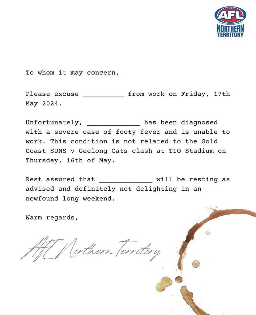 It’s official!

If you watch or attend the footy tonight between the Subd and Geelong in Darwin you are allowed to have a long weekend. 

Just fill out the work note and send to your boss. Enjoy fans ❤️

📸aflnorthernterritory FB
