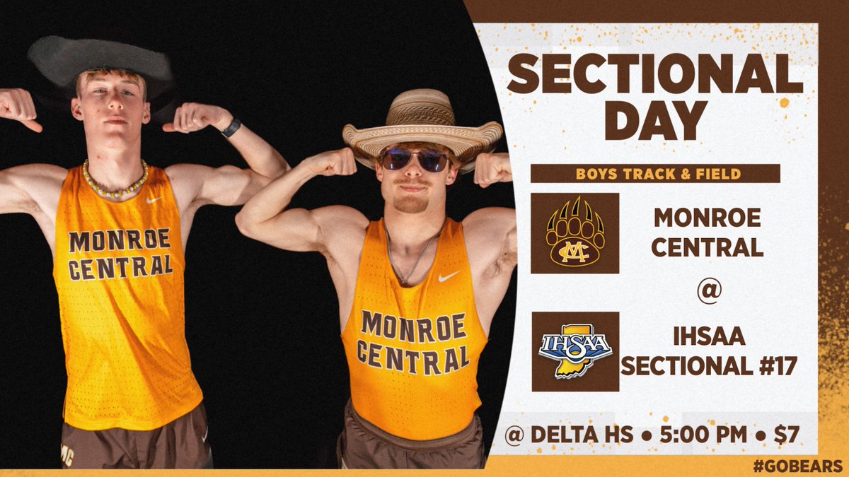 Monroe Central Golden Bears (@mcgoldenbears_) on Twitter photo Good luck to our Boys Track & Field team as they travel to Delta HS for IHSAA Sectional #17! Field events start at 5:00PM, and 4x800 at 5:30PM.
Tickets are $7 at the door, or $7 plus fee online at:
public.eventlink.com/tickets?t=81203
#GoBears🐻 <a href="/MonroeCentralTF/">Monroe Central Track & Field</a> Good luck to our Boys Track & Field team as they travel to Delta HS for IHSAA Sectional #17! Field events start at 5:00PM, and 4x800 at 5:30PM.
Tickets are $7 at the door, or $7 plus fee online at:
public.eventlink.com/tickets?t=81203
#GoBears🐻 <a href="/MonroeCentralTF/">Monroe Central Track & Field</a>