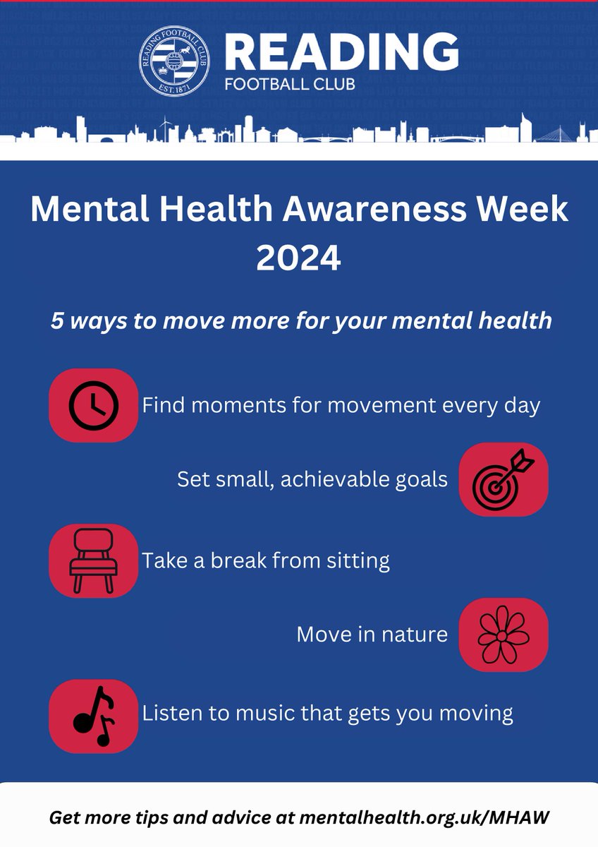 We also mark World Mental Health Awareness week! 💙🤍 We've been focusing on Moving More for Mental Health, here's one of the resources we've put together for our players, staff and their families! 🏃‍♂️ #ReadingFC