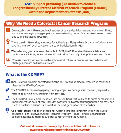 2/🙏@FightCRC for this Action Alert for the🇺🇸 #CRC community to reach out to Member of Congress today & urge them to support a #CRC Research Program at the DoD 📌#CRC is the only🔝5 cancer killer not to have its own research program w/in the DoD CDMRP ➡️🔗tinyurl.com/4z4z524f