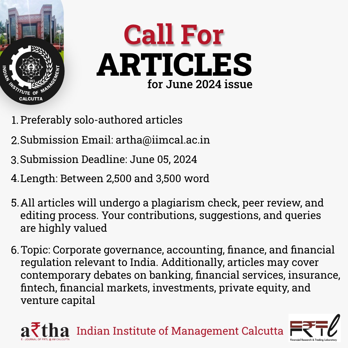 If topics like Corporate Governance, Accounting, Finance, and Financial Regulation intrigue you, kindly contribute towards writing articles for A₹tha's upcoming June 2024 issue published by the Finance Lab at IIMC. For detailed instructions, please read: loom.ly/jOyYhWQ