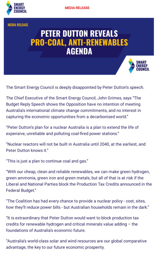We are deeply disappointed by Peter Dutton's Budget Reply speech. Peter Dutton's speech shows the Opposition have no intention of meeting Australia’s international climate change commitments and no interest in capturing the economic opportunities from a decarbonised world....