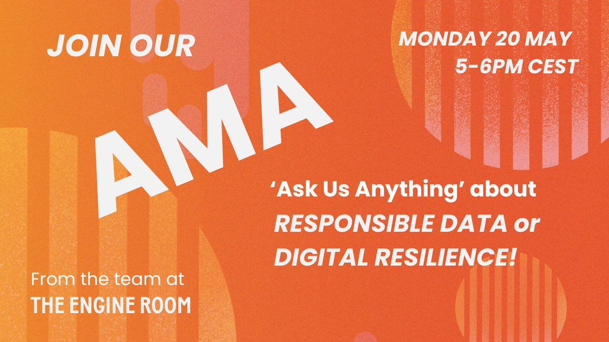 On MONDAY 20 MAY, members of our team will be online to answer questions on file management, documentation, alternative secure file storage tools, data storage and privacy, data retention and deletion, and more! Register for the call now: theengineroom.org/questions-abou…