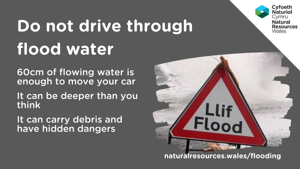 Heavy showers may cause localised #flooding today.🌧️ @metoffice has issued a yellow weather warning for rain in mid and north Wales from 1300 to 2300 today. ⚠️ Stay safe and do not walk or drive through flood water. 🚶 🚗