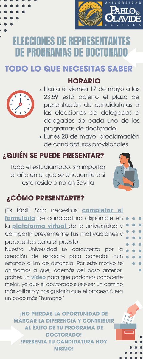 pablodeolavide's tweet photo. 📢🗳️Elecciones a representantes de estudiantado de #doctoradoUPO
🗓️El plazo de presentación de candidaturas se cierra mañana viernes 17 de mayo, a las 23:59 horas.
#eleccionesUPO #estudiantes #doctorado https://t.co/dSdY7UH2tv