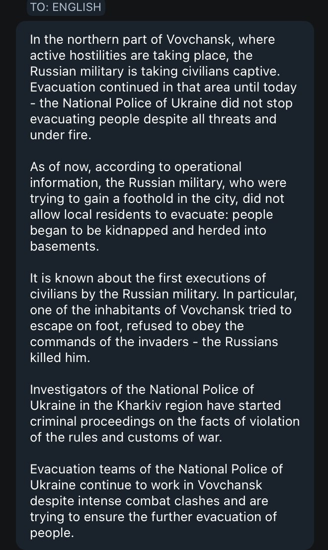 Ukraine's Minister of Internal Affairs Ihor Klymenko states that terrorist formations of the so-called 'russia' are taking civilians hostage in the northern section of Vovchans'k, to hold them in basements. Some of them were executed. We have already seen this many times when…