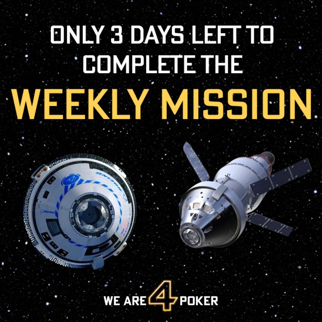 The Mission continues! 🛸 Ensure your spot in Sunday's T$1,000 Freeroll! 💸 1⃣ 300 raked Hold'em Cash Hands 2⃣ 200 raked Omaha Cash Hands 3⃣ 10 Bounties in our PKOs 4⃣ Cash in 3 MTTs The more Missions you complete, the bigger your starting stack will be - up to 100k chips! 🚀