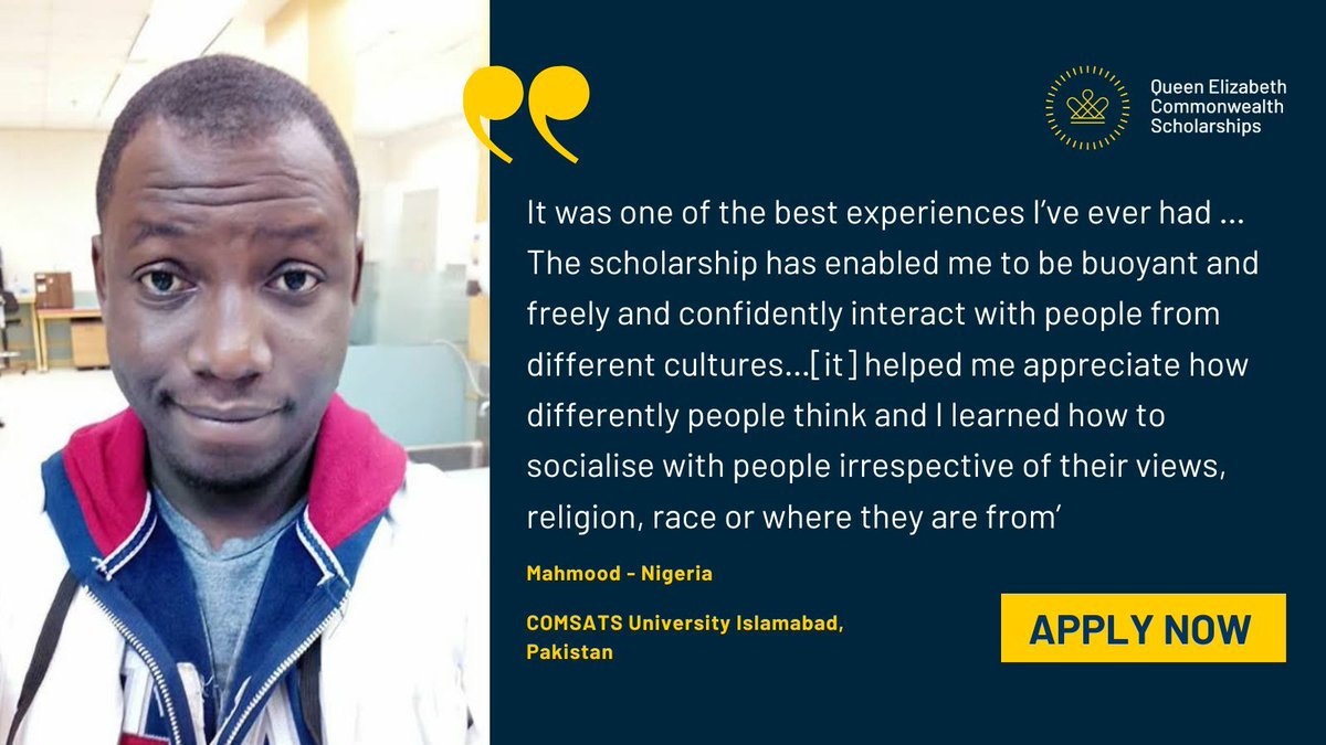 ‘The scholarship has enabled me to be buoyant and freely and confidently interact with people from different cultures’ – Mahmood from Nigeria studied at @CUIofficial Find out how you can apply for #QECS and build a global network like Mahmood! buff.ly/4cBvdD8