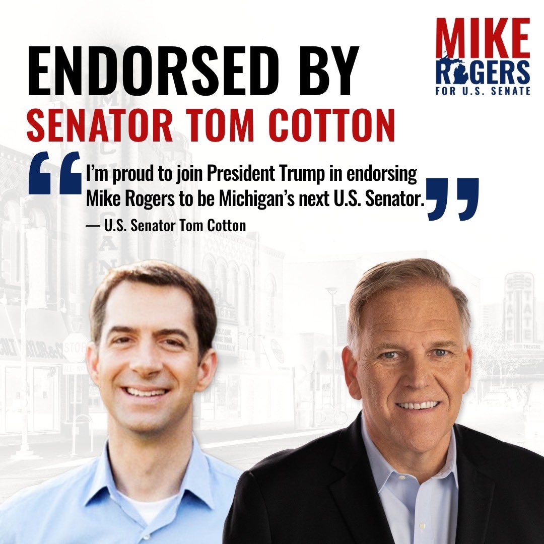 Grateful to have the endorsement and support of U.S. Senator and fellow Army veteran @TomCottonAR! I’m as fired up as ever to Get America Back on Track, join our team today!
