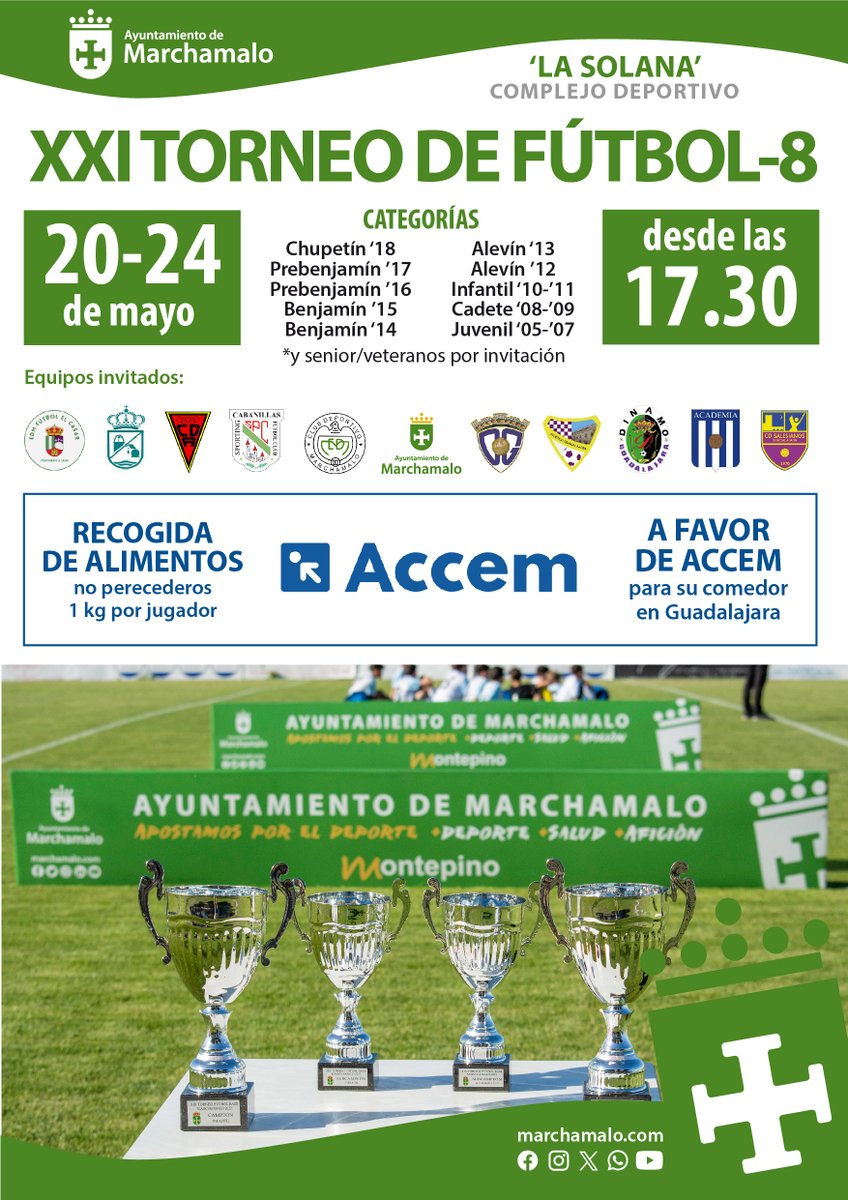 🔊 XXI TORNEO DE FÚTBOL-8
📅 del 20 al 24 de mayo
⏰ 17.30 horas
📍 Complejo Deportivo 'La Solana'

Nuestro torneo anual de fútbol crece hasta los más de 40 equipos de una docena de Escuelas aprovechando las nuevas infraestructuras de La Solana.

+INFO:
➡️ marchamalo.com/noticias/event…