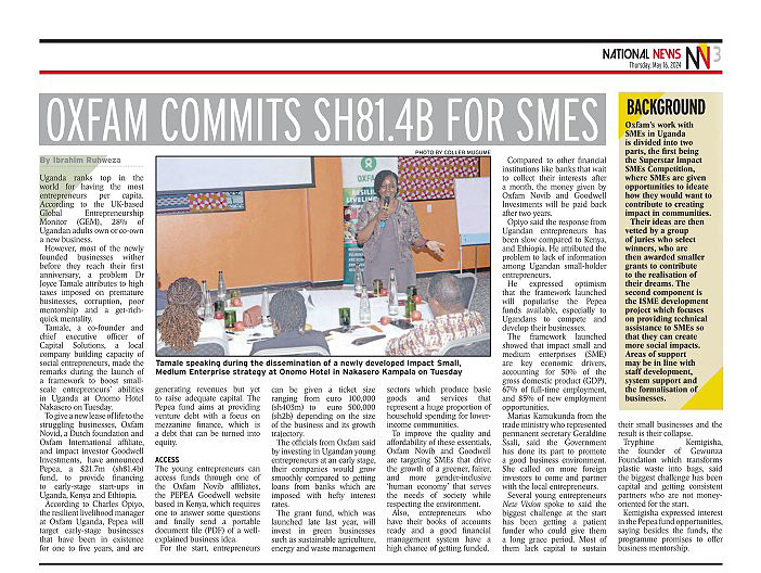 Did you catch the article in today's New Vision about the launch of Oxfam's iSME strategy in Uganda? This impactful initiative led by Capital Solutions aims to #empower and boost small #businesses across the country. #iSMEs #SocialImpact #Entrepreneurship #Oxfam #Uganda