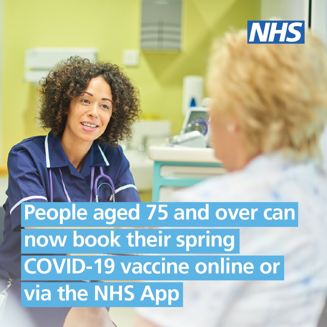 Anyone aged 75 or over can now book their seasonal COVID-19 vaccine online or on the NHS App. You don't need to wait to be invited. Find out more at nhs.uk/book-vaccine