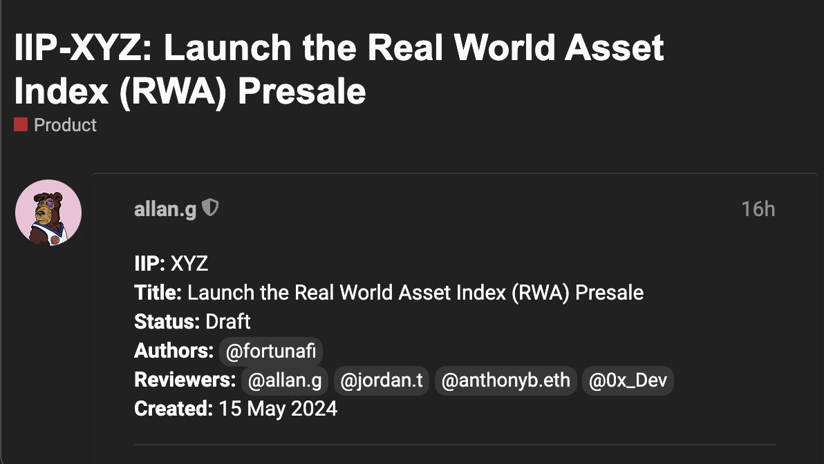 New post just landed in @indexcoop forum via @0x_allan proposing a Real World Asset Index with a presale and PRTs. Ft @_Fortunafi @ef_24_